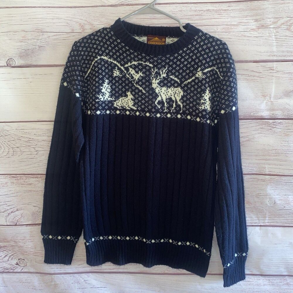 Dimension Milford Mens Sweater M Blue Virgin Acrylic Deer Scene Vtg Christmas